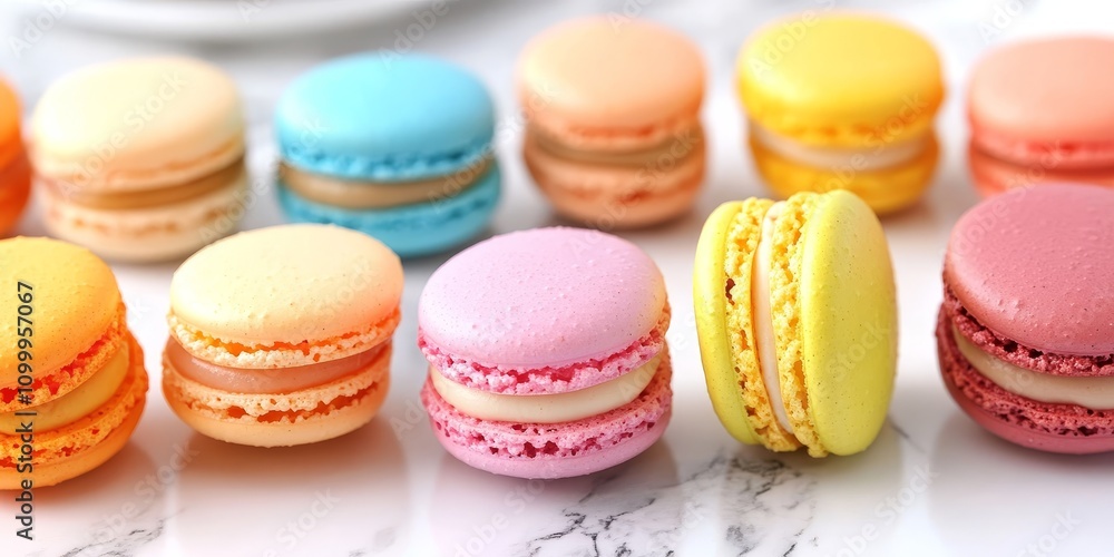 Obraz premium Delicious and vibrant French macaroons, these sweet treats are perfect for any occasion. Enjoy the delightful flavors of these colorful French macaroons that brighten up any dessert table.