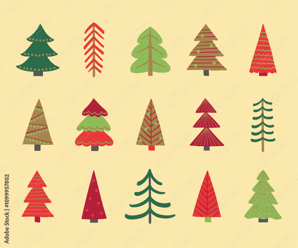 Obraz premium Colourful Christmas tree collection. Holiday ornaments. Vector illustration