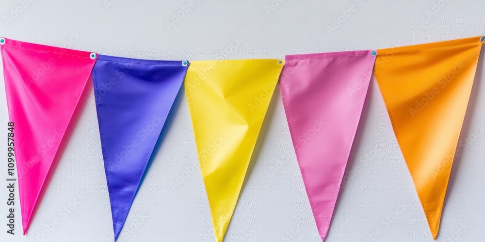 Obraz premium Vibrant party flags displayed on an isolated white background, showcasing the festive spirit that party flags bring to celebrations and events. Ideal for themes related to gatherings and festivities.