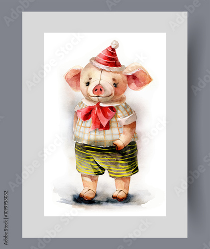 Plush toy in form of pig in children clothes and hat on wall art. Watercolor artwork. Print with plush pig in vintage style for kids games or collecting, in frame with decor for poster