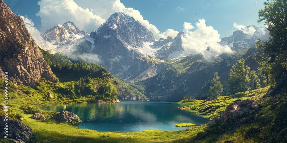 Fototapeta premium Scenic mountain landscape featuring a stunning mountain lake during a summer morning with expansive panoramic views of the captivating mountain scenery. Experience the beauty of this mountain