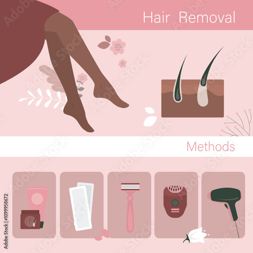 Girl making epilation. Intime zone, legs hair removal on dark afro skin. Epilation procedure advertising. Beauty salon poster. Different types of hair removal.