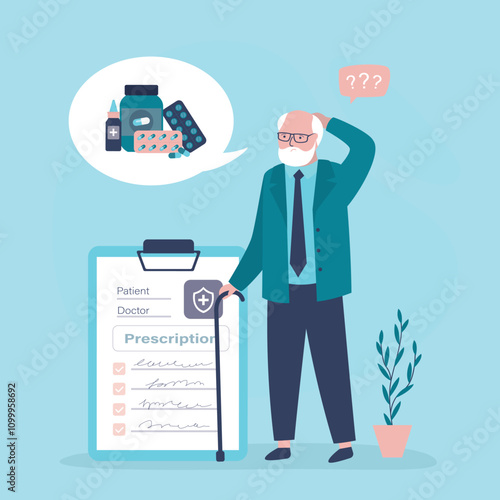 Senior man with doubt, grandfather forget time to take medicine. Memory loss, alzheimer and medical pharmaceutical for elderly concept. Medical prescription and aged patient