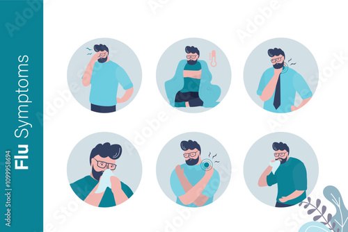Flu symptoms, infographic, horizontal banner template. Medical banner concept. Sick guy with snot, sneezing and coughing. Male character with flu symptoms.