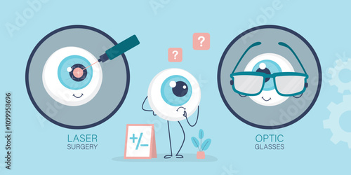 Eyeball before choosing to wear glasses or to have laser vision correction. Funny eye mascot thinks and makes decision. Treatment and correction or glasses for good vision.