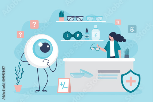 Specialist selects glasses or contact lenses for client. Different assortment of goods in optics store. Eyeball mascot thinking about glasses. Concept of ophthalmic shop, eye care