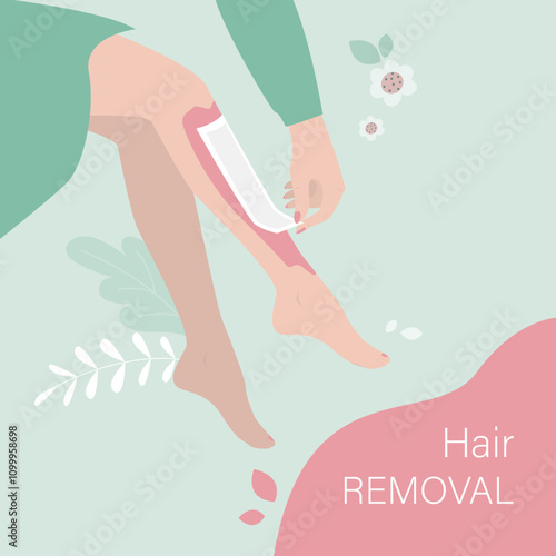 Hair removal with waxing. Girl removes unwanted hair from her legs with help of waxing depilation. No hair, removing hair from leg and cleansing skin with wax strip at home