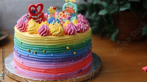 Rainbow Layered 3D Cake with Whimsical Decorations for a Vibrant New Year.A multicolored cake with rainbow layers, whimsical designs, and cheerful toppers. photo