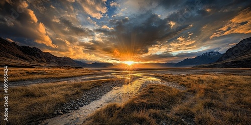 Sunburst at sunset captures the essence of beauty as locals and visitors relish this stunning sunset moment on a dry, cloudy day, highlighting the sunburst s vibrant display. photo