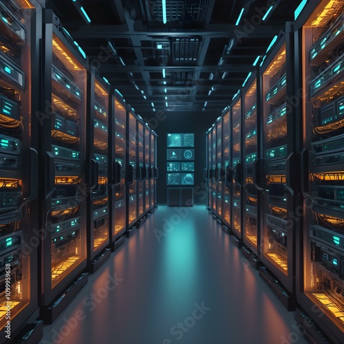 Bitcoin mining rigs working in a futuristic data center filled with glowing digital monitors, symbolizing cryptocurrency mining. photo