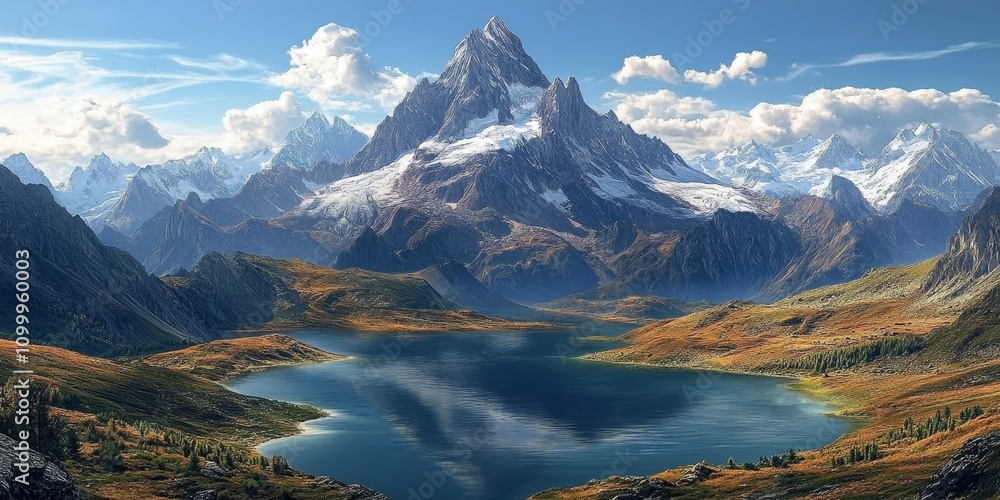 Obraz premium Majestic Monviso, often referred to as the King of Stone, dominates the landscape of the Cottian Alps, showcasing stunning lakes and numerous peaks that create a breathtaking scene.