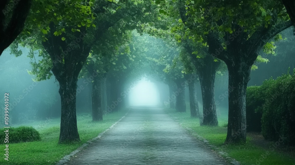 Fototapeta premium Misty Path Through A Green Tree Lined Avenue