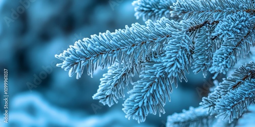 Frosty spruce needles adorn a branch in the serene forest, capturing the beauty of the frosty ambiance. These frosty spruce needles evoke a sense of winter wonder in nature s landscape. photo