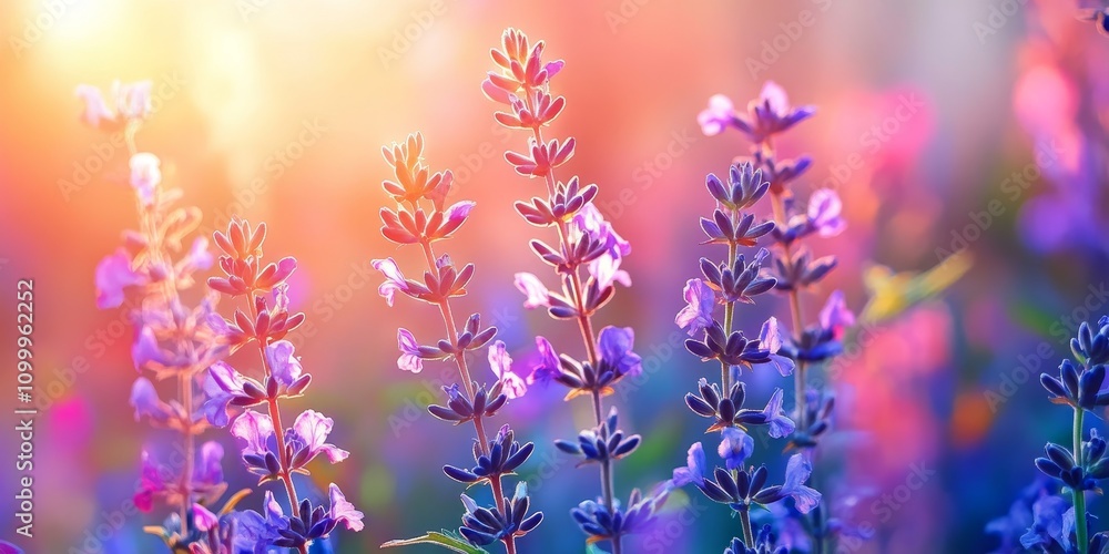 Obraz premium Stunningly beautiful, this colorful floral background features salvia flowers illuminated by summer sunlight. The salvia flowers create an atmospheric, gentle artistic image in nature macro focus.