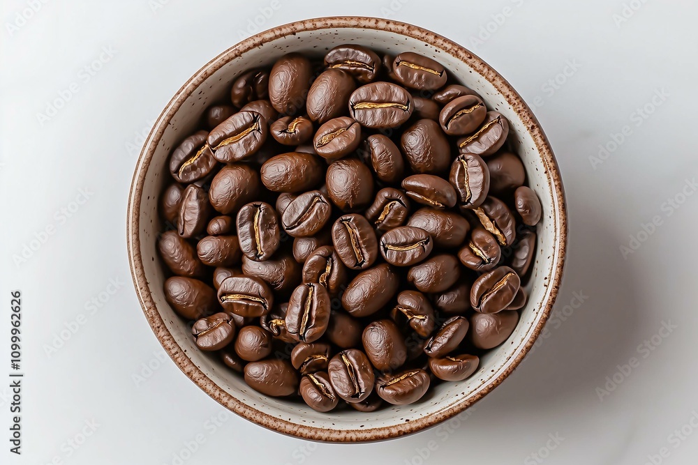 Fototapeta premium Close-Up of Freshly Roasted Coffee Beans in a Bowl, Showcasing Natural Texture and Rich Tones. Perfect for Cafe Branding, Coffee Products, or Barista Training.