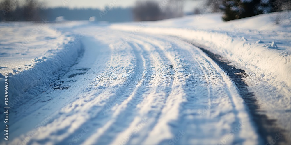 Obraz premium Car tire track patterns are visible on a snow covered winter road, showcasing the effects of vehicle movement on the snowy surface of the winter road during cold weather conditions.