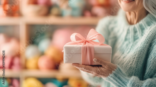 A close-up of a shop assistant's hands holding a beautifully wrapped gift box adorned with a pink bow, set against shelves filled with colorful, blurred background items. photo