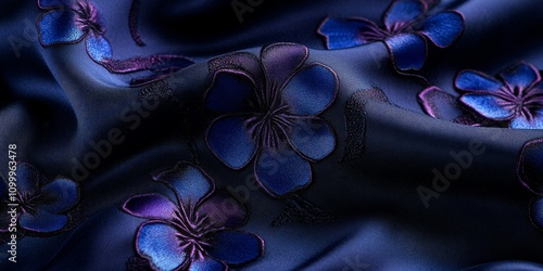 Dark blue silk fabric featuring intricate blue and purple flowers this dense silk fabric showcases a luxurious double sided texture crafted from triacetate fibers for a sophisticated touch. photo