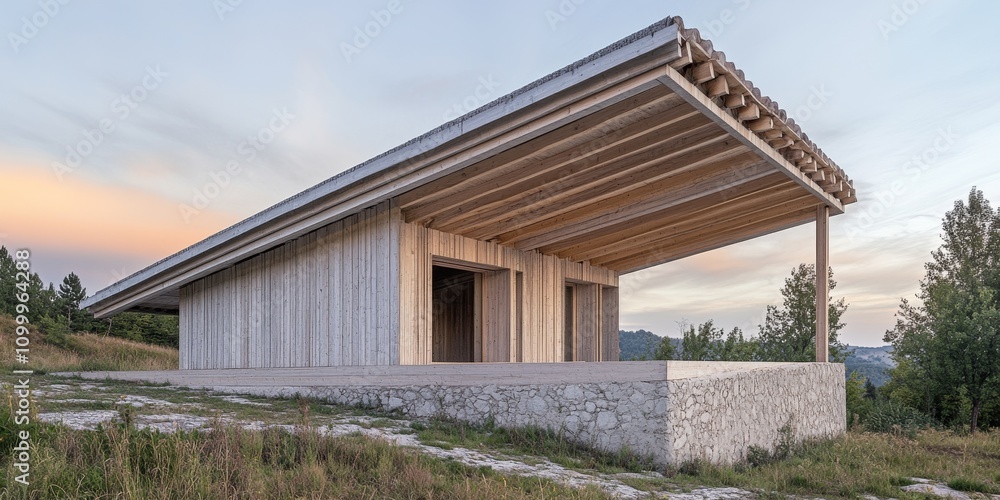 Fototapeta premium Innovative construction of a sustainable wooden building featuring a raw roof and walls, showcasing the beauty of unfinished wooden design in sustainable architecture.