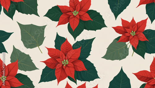 A cluster of bright red poinsettia flowers with green leaves, positioned on the left