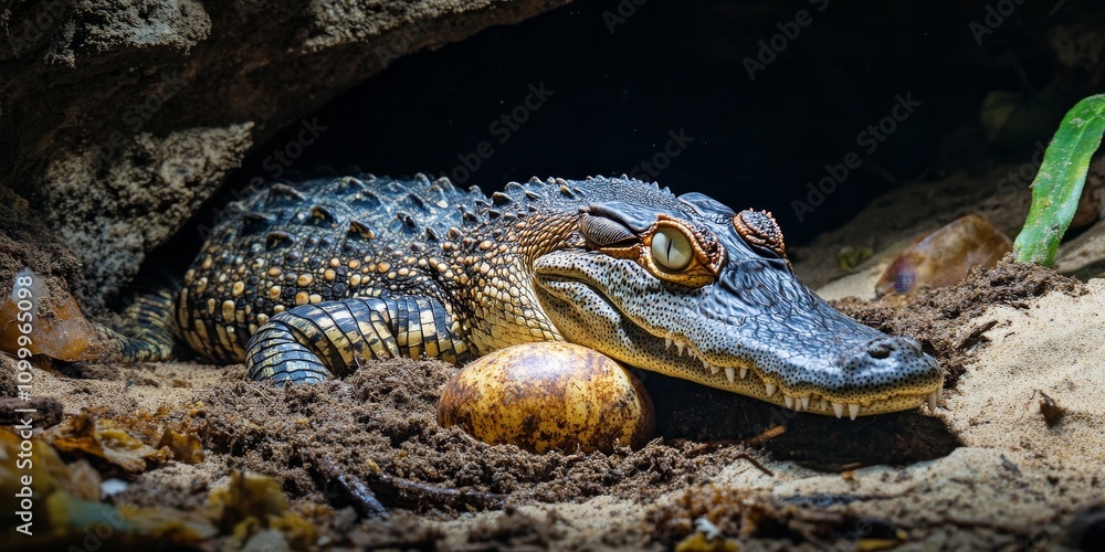 Obraz premium Crocodile eggs are highly coveted by predators, including the Water Monitor. This image captures a nest that has been excavated by a Monitor while the female crocodile seeks shelter.