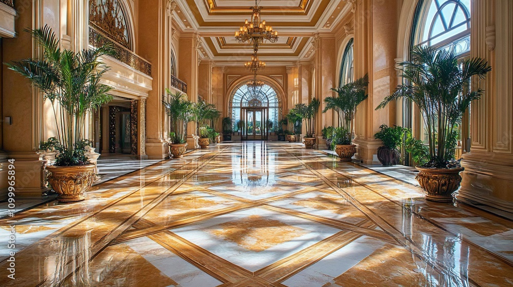 Obraz premium Luxurious hotel lobby with grand architecture, marble floors, and large windows.