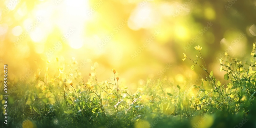 Obraz premium Blurred image featuring a sunny landscape showcasing soft green and yellow colors, creating a tranquil atmosphere. This sunny landscape evokes feelings of warmth and serenity.