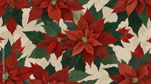 A cluster of bright red poinsettia flowers with green leaves, positioned on the left