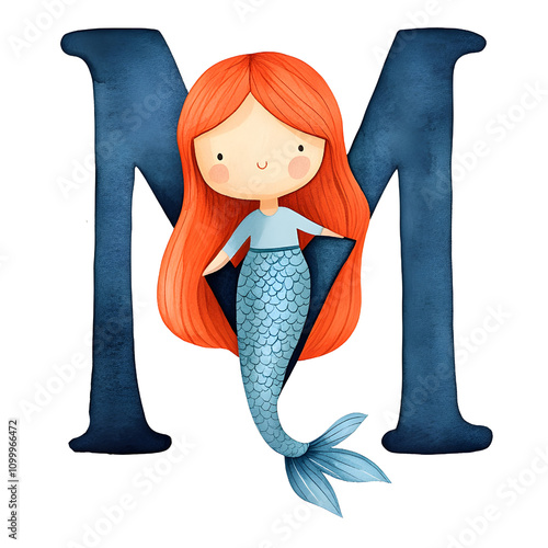 A whimsical, cartoon-style mermaid with vibrant red hair and a shimmering blue tail, playfully posed beside a large letter 