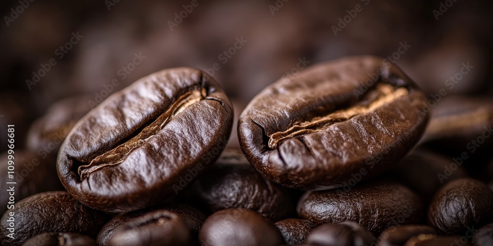 Obraz premium Close up macro shot featuring two coffee beans, highlighting their unique texture and color. This isolated macro shot of coffee beans showcases the rich details found in coffee beans.