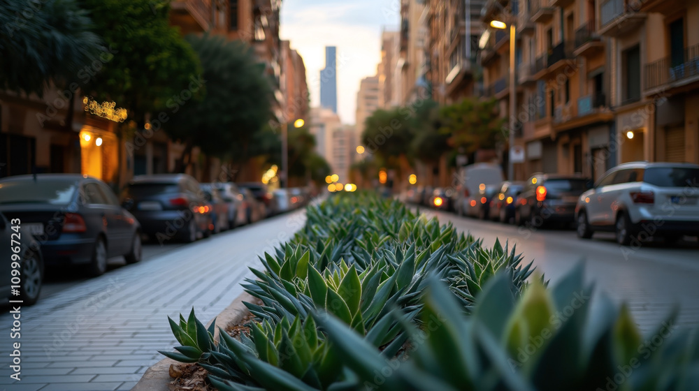 Naklejka premium Urban street scene with a row of green succulents in the foreground and cars parked along buildings in soft focus during dusk.
