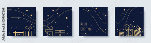 Festive star shining cards set. One style square templates with golden gift boxes and starry scattering. Backgrounds for social media post, cards, covers, invitations, advertisements, vector graphics