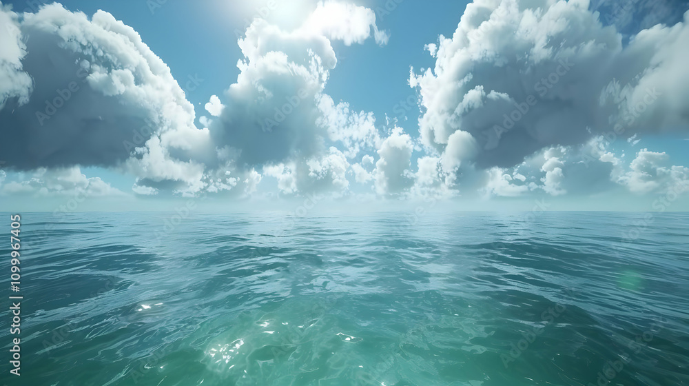 Fototapeta premium Ocean Background 3D Render: Tranquil Sea and Clouds