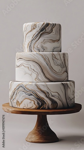 Sophisticated Marble 3D Cake with Subtle Swirls and Metallic Finishes.A modern cake with marble patterns, gold accents, and understated elegance. photo