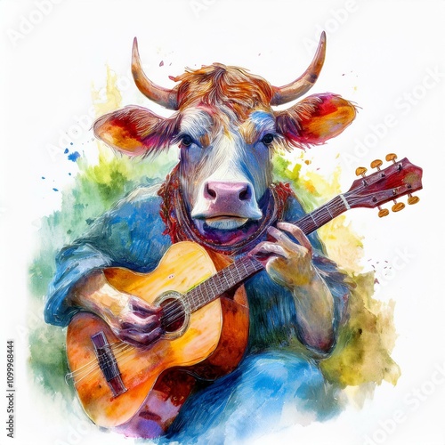 illustration of a cow playing gituar on acrylic painted watercolor drawing isolated on white background photo