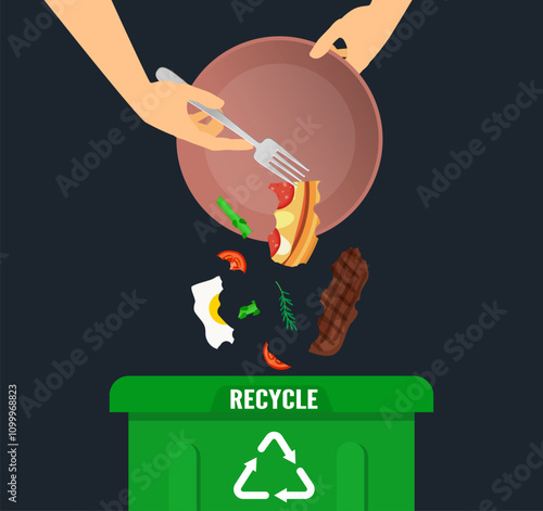 hands throwing leftovers into waste can food recycle vector illustration