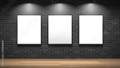 three blank picture poster frames on the brick wall gallery museum interior mock up vector illustration