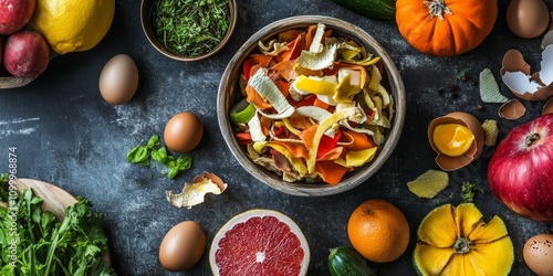 Top view showcasing fruits and vegetable peelings along with eggshells in a bowl on a kitchen table, all prepared for composting to promote eco friendly waste management. photo