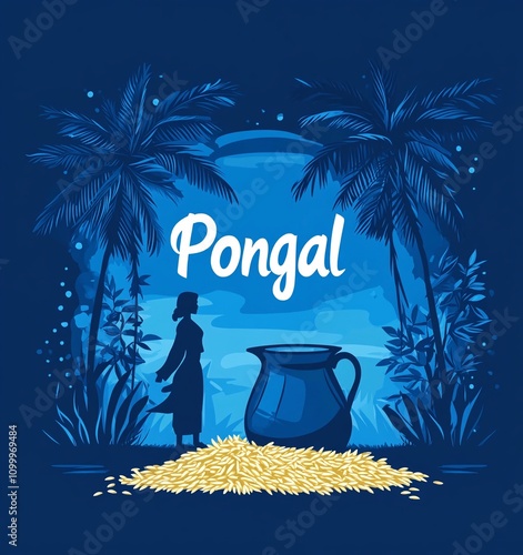 Scena serale con due palme ai lati e una figura umana stilizzata. Al centro un vaso tradizionale per la festa Pongal su un mucchio di riso. photo