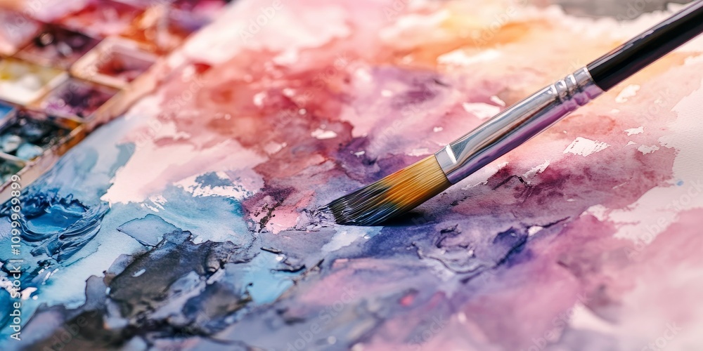 Obraz premium A close up view showcasing watercolor paints along with a paintbrush highlights the beauty of art. This watercolor paints arrangement emphasizes creativity and artistic expression.