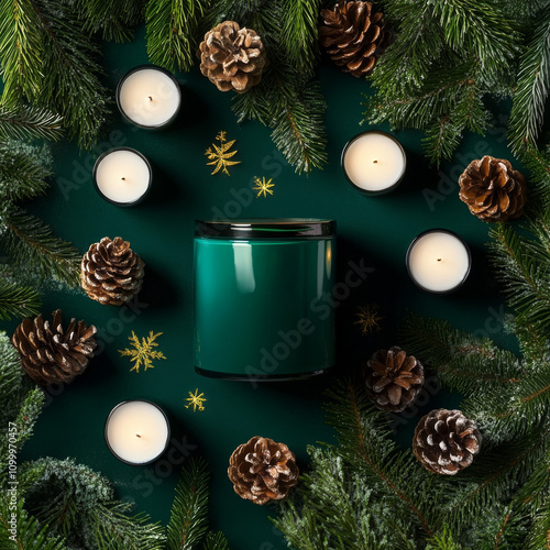 Festive green candle surrounded by pinecones, evergreen branches, and tealight candles on a dark green background with golden snowflakes.