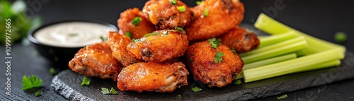 A platter of buffalo wings with celery sticks and ranch dressing photo