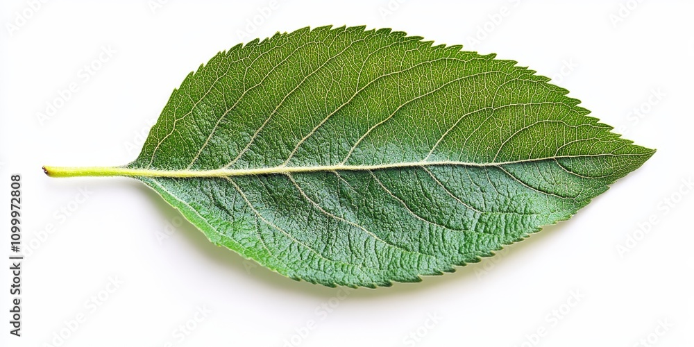 Obraz premium Isolated apple tree leaf displayed on a white background, showcasing the vibrant green color and unique shape of the apple tree leaf, perfect for illustrating nature s beauty.