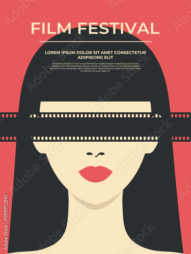 Film festival poster with woman face with filmstrip covering her eyes. Movie film cinema concept in retro style. Vector illustration