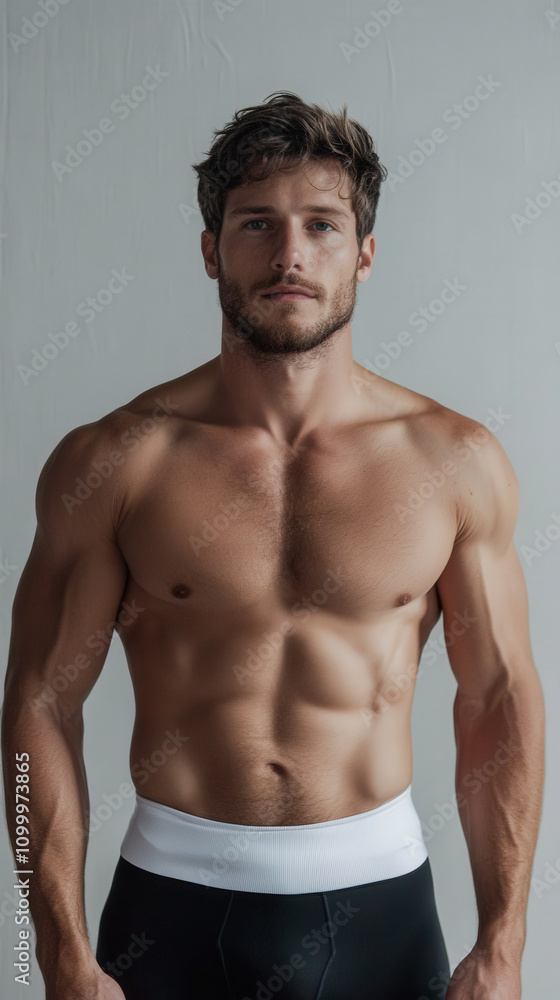 Obraz premium Stylish and Confident Male Model Posing in Modern Underwear, Evoking Happiness and Personal Style, Perfect for Fashion-Related Content and Marketing