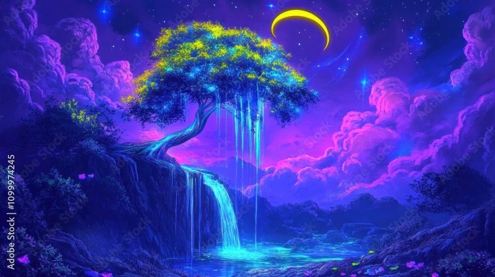 Fototapeta premium A fantastical landscape with a purple pine tree, glowing blue and green leaves under moonlight. Purple waterfalls and a yellow crescent moon with neon blue streaks lighting the sky.