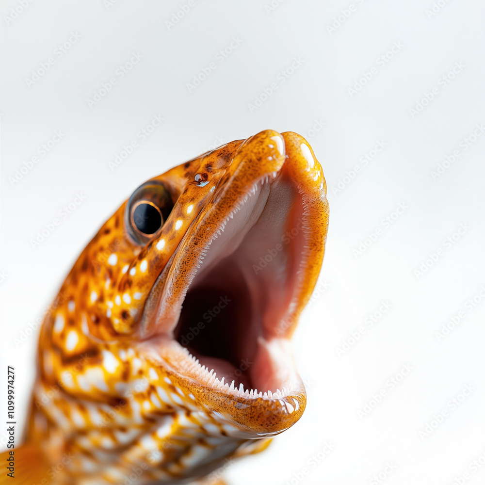 Fototapeta premium Moray eel displaying its intricate textures and fierce mouth against a striking white backdrop