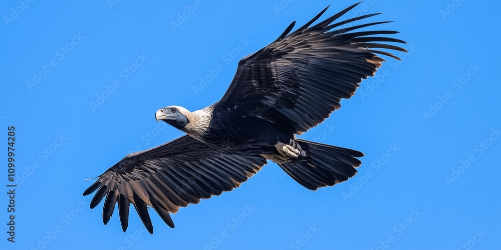 Obraz premium Andean Condor soaring gracefully through a clear blue sky, showcasing the majestic beauty of the Andean Condor in its natural habitat. A stunning representation of the Andean Condor in flight.