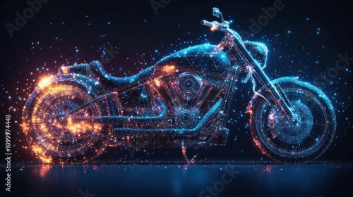 A digital representation of a motorcycle composed of glowing particles and sparks. photo