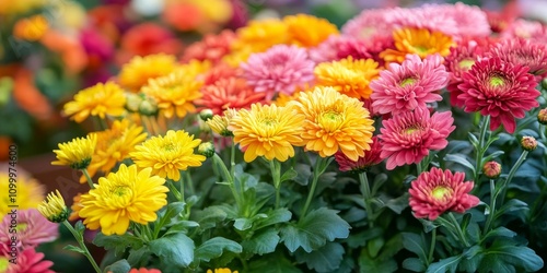 Chrysanthemum blooms showcase vibrant colors in the autumnal garden, creating a stunning display of chrysanthemum flowers that enhance the beauty of the seasonal landscape.